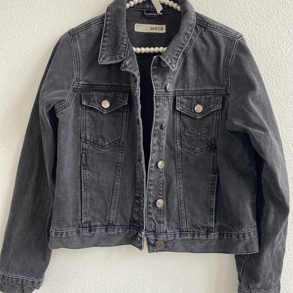 Topshop Moto Denim Jean Jacket Black Distressed Womens US Size 8